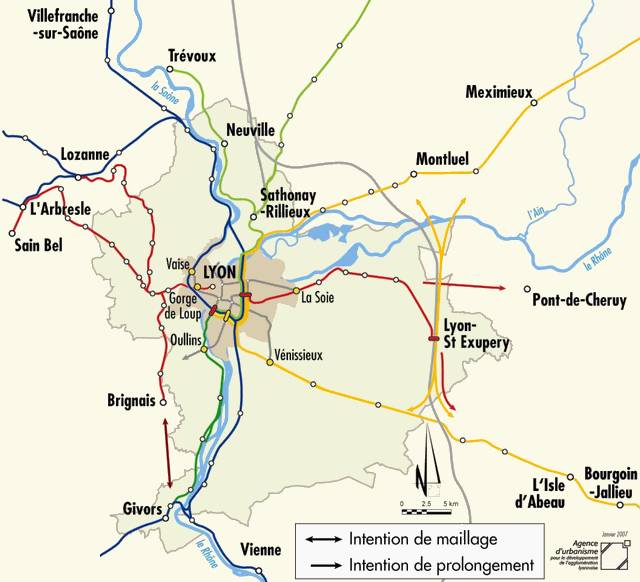 Carte sur l'évolution possible du réseau ferroviaire autour de Lyon (Doc. Agence d'Urbanisme)