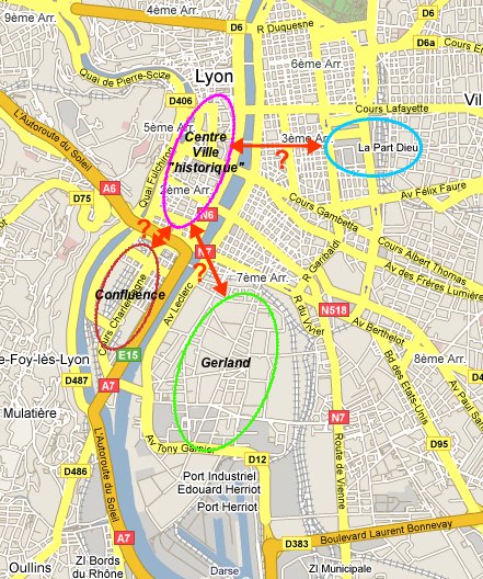 Quels transports urbains entre le centre historique de Lyon et les nouveaux quartiers ? (Fond: Google)