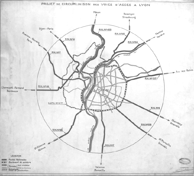 Plans de de circumliaison des voies d’accès à Lyon. C. Chalumeau, 1935. (Doc. : Archives municipales de Lyon)