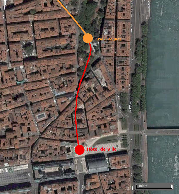 Tracé du prolongement entre Croix-paquet et l’hôtel de ville. La ligne A du métro n’est pas figurée