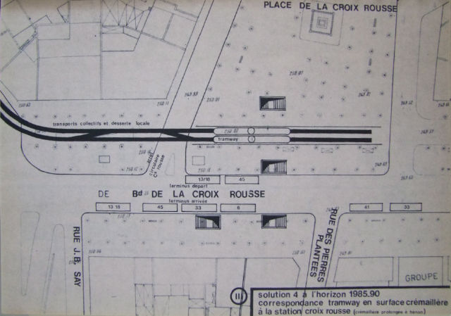 Plan en surface de l’aménagement de la station Croix-Rousse dans l’hypothèse d’une correspondance avec une ligne de tramway en surface