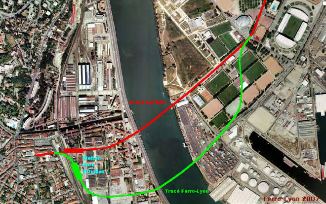 Contre-proposition Ferro-Lyon pour le métro B à Oullins, tracé sur vue aérienne