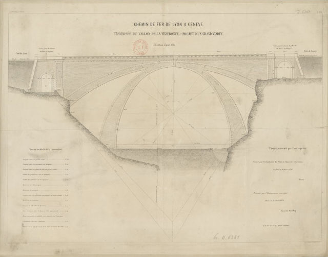Projet de viaduc sur le vallon de la Vezeronce, sur la commun de Surjoux (Ain), proposé par le conducteur des Ponts et chaussées (Bibliothèque Nationale de France)