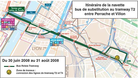 Trajet Relais-Tram T2 été 2008 (Doc. SyTRAL)
