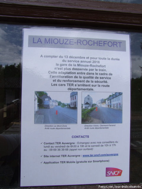 Affiche annonçant la suppression du service ferroviaire en gare de la Miouze – Rochefort