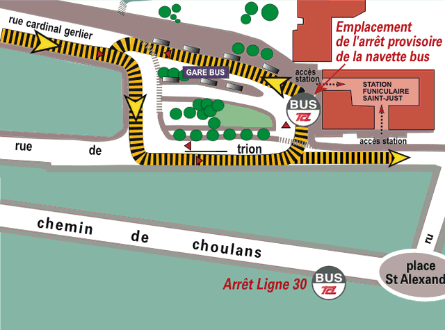 Position de l'arrêt de la navette à Saint-Just (Doc. SyTRAL)