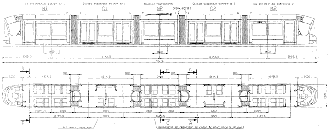 Diagramme des rames Citadis® du tramway de Lyon (Doc. Alstom, SyTRAL, CdR)